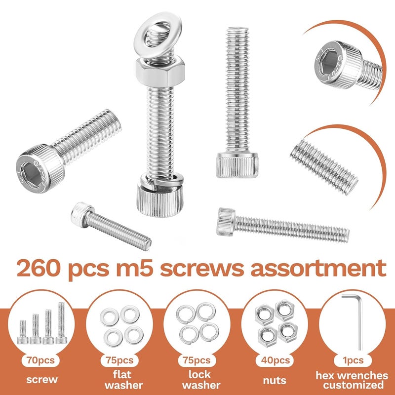 Hapric 260 Pcs M5 Screws Assortment Kit, M5 Bolts Kit M5x 8/10/12/16/20/25/30/35mm, 304 Stainless Steel Hex Socket Head Screws Nuts Bolts and Washers Set - Image 3